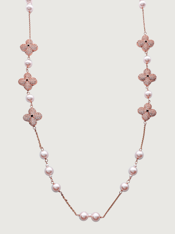 Clover Flower Pearl Necklace in Sterling Silver with 18K Rose Gold Plating