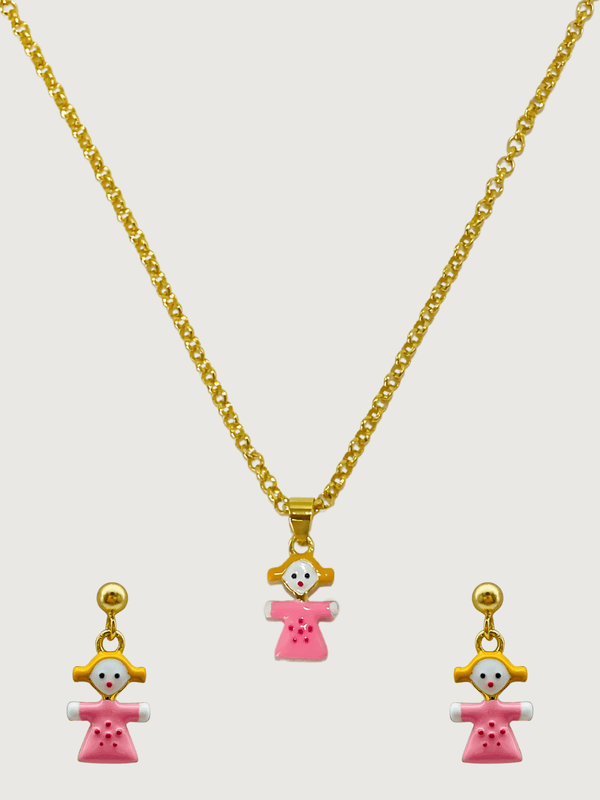 Little Princess Dolly Pendant Necklace and Dangle Earrings in 18K Gold Plated Sterling Silver