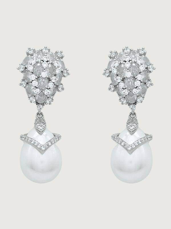 Ellara Pearl Dangle Earrings in Rhodium Plated Metal