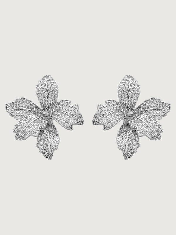 Orchid Bloom Stud Earrings in Rhodium-Plated Metal