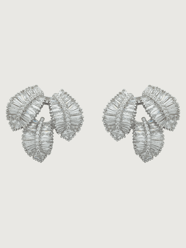 Camille Crystal Leaf Drop Earrings  in Rhodium Plated Metal