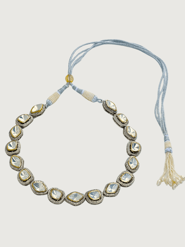 Navya Kundan Polki Necklace and Drop Earring Set in Silver Tone