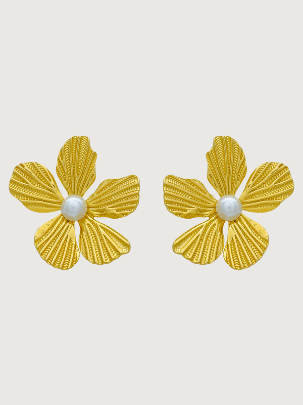 Genelia Gold Flower Pearl Stud Earrings in 18K Gold Plated Metal