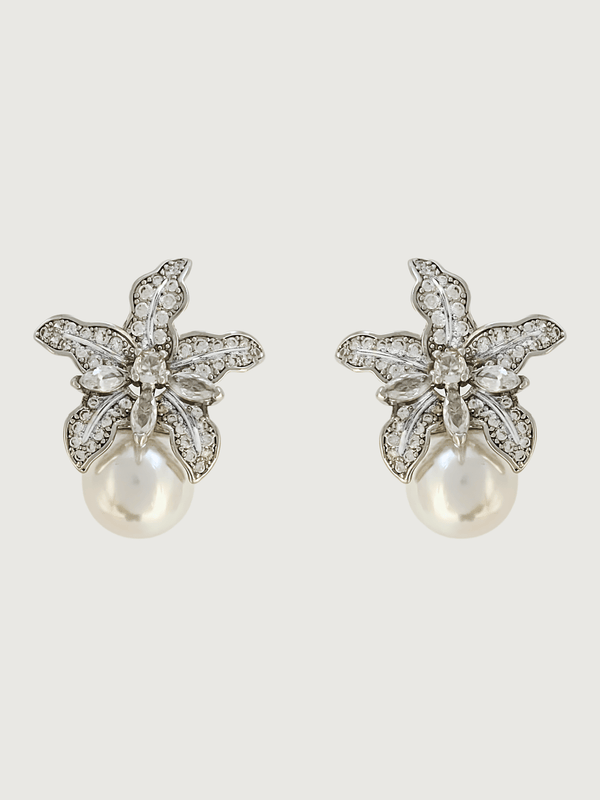 Cattleya Pearl Stud Earrings in Rhodium Plated Metal