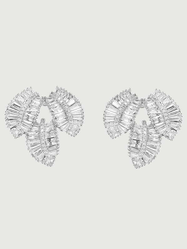 Camille Crystal Leaf Drop Earrings  in Rhodium Plated Metal