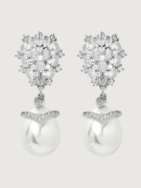 Ellara Pearl Dangle Earrings in Rhodium Plated Metal