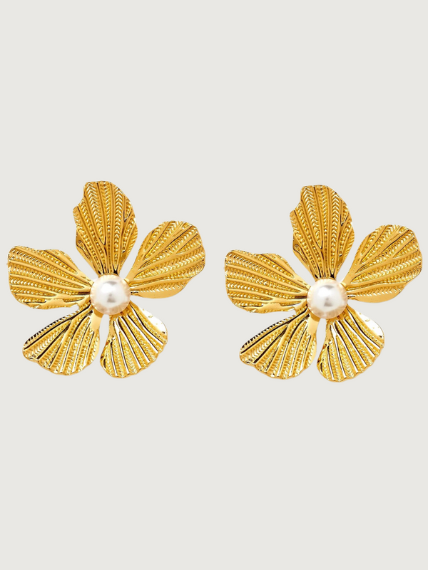 Genelia Gold Flower Pearl Stud Earrings in 18K Gold Plated Metal