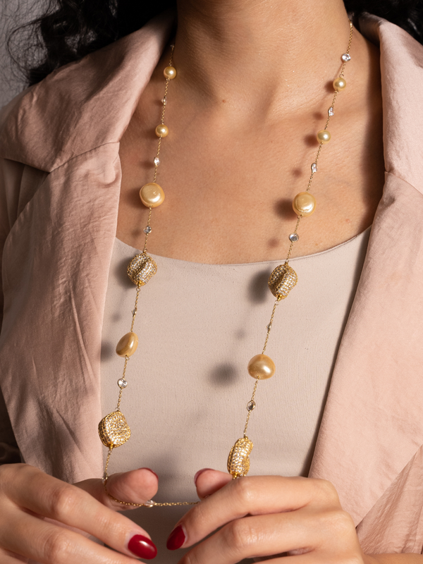 Natasha Long Necklace in Sterling Silver & 18K Gold Plating with Pearls