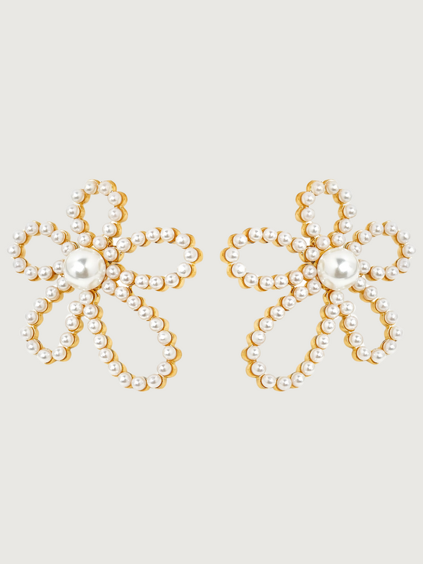 Petal Perfect Pearl Stud Earrings in 18K Gold Plated Metal