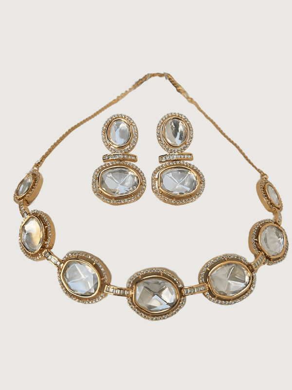 Kavya Kundan Polki Necklace & Drop Earrings Set in Gold Finish