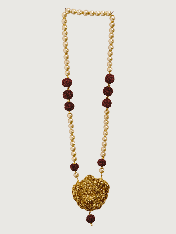 Saanvi Pearl and Rudraksh Necklace with Goddess Lakshmi Pendant Necklace Set