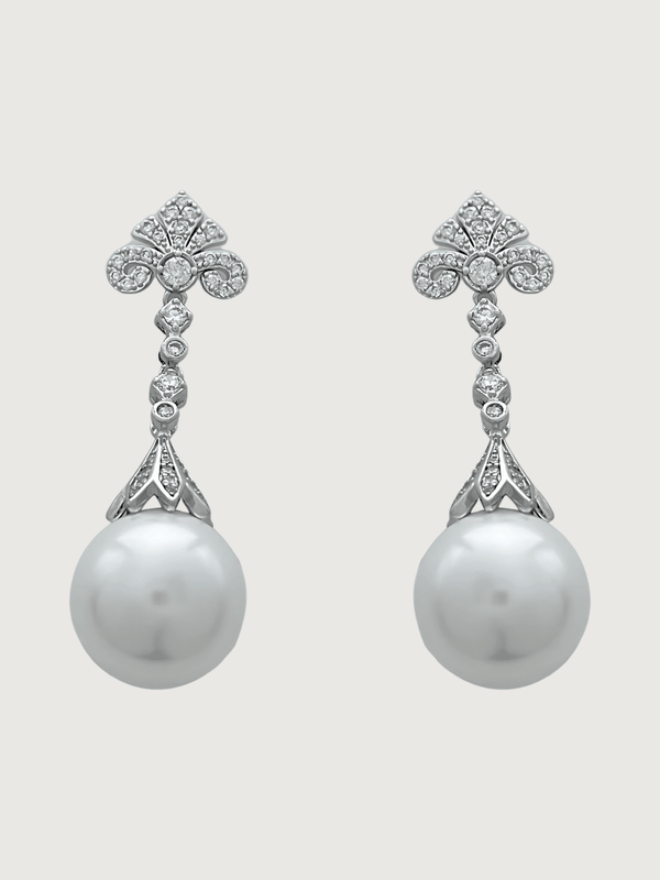 Perlina Pearl Dangle Earrings in Rhodium Plated Metal